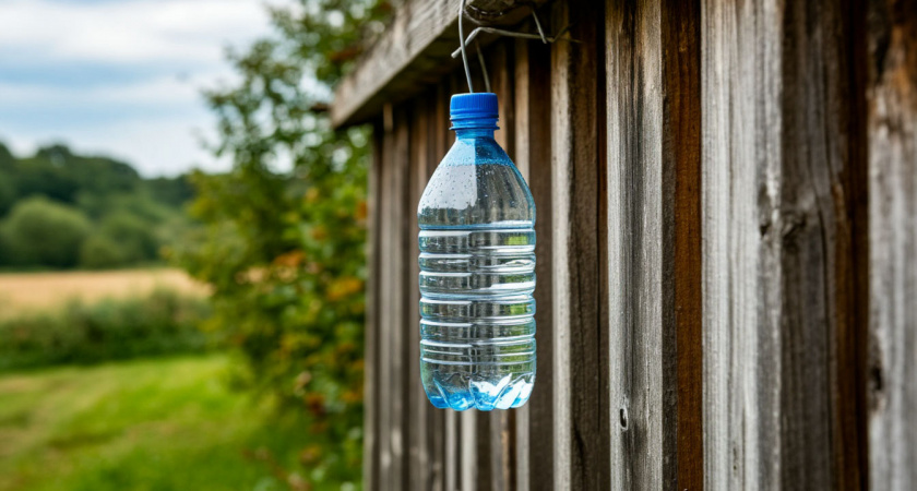 Подвешиваю бутылку с водой к забору. Это помогает решить одну деликатную проблему на даче