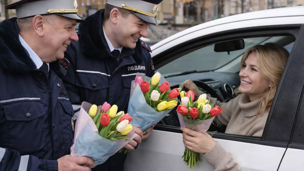 Вместо проверки документов — тюльпаны: в Оренбуржье инспекторы ДПС поздравили женщин с 8 Марта