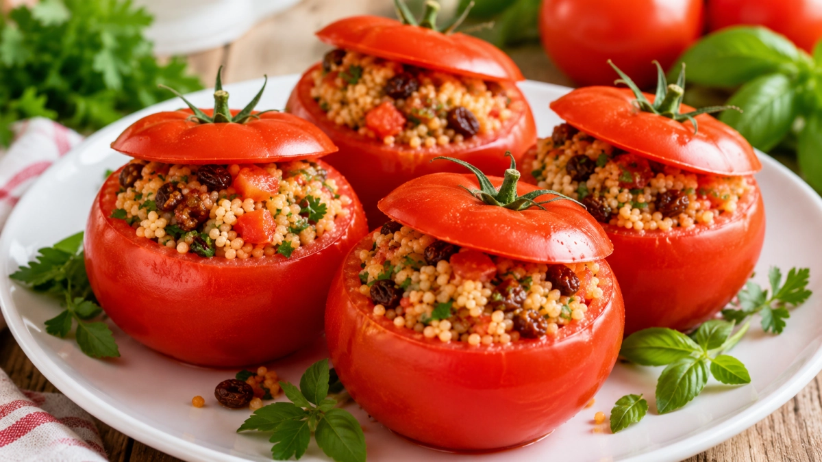 Пока сезон, готовлю эту узбекскую закуску: фаршированные томаты с кускусом — пряные, яркие помидоры-«чашечки»