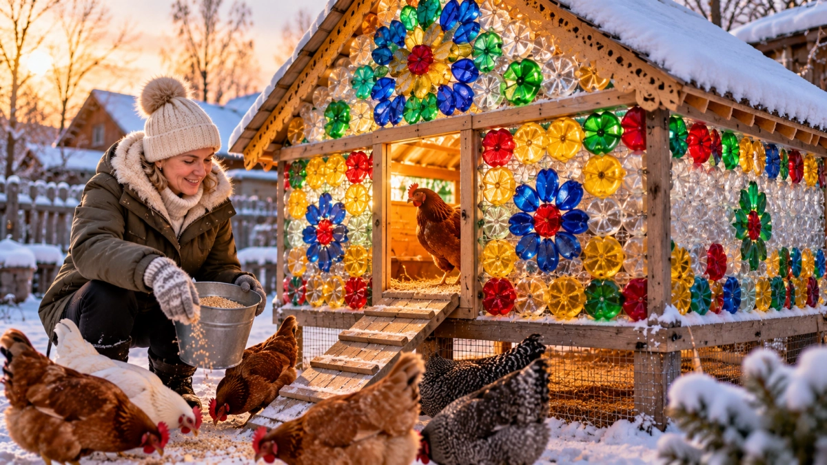 Из пластиковых бутылок строю «куриный Версаль»: цветные донышки складываю в мозаику — птичий домик с витражами